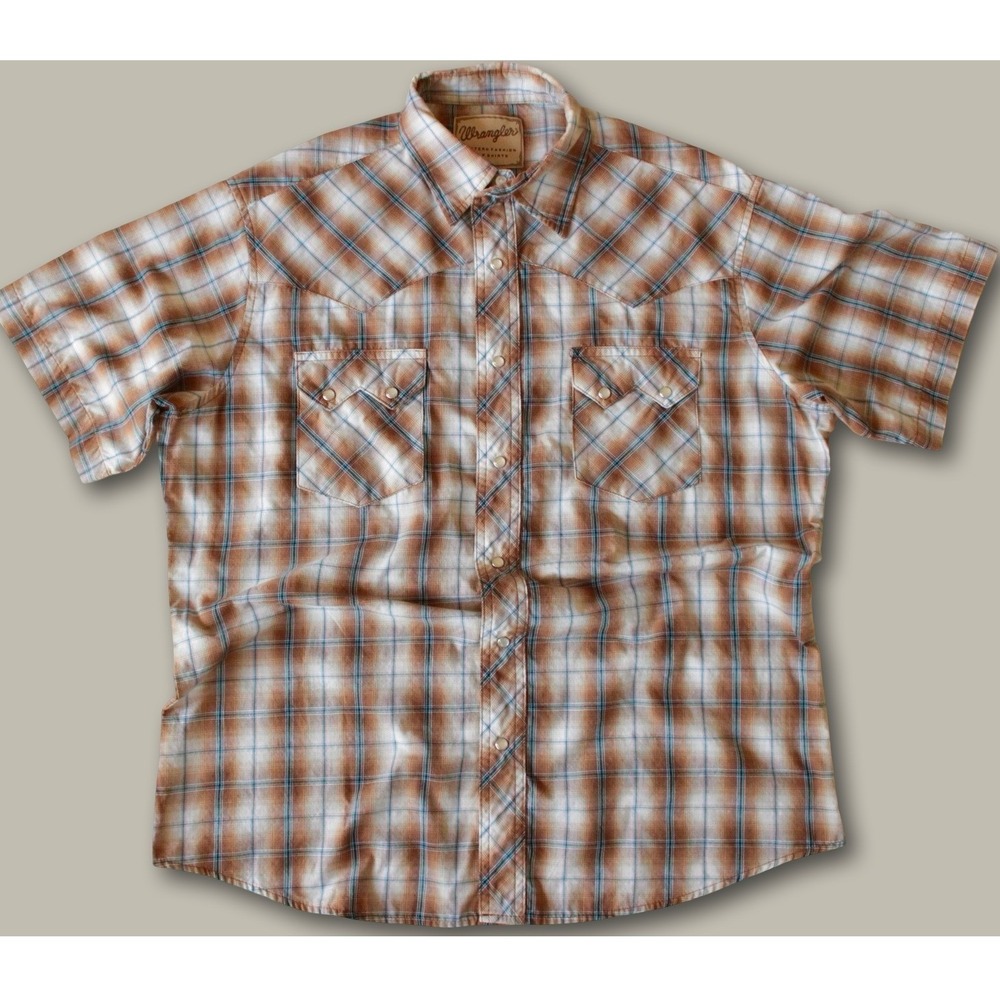 Wrangler Western Plaid Pearl Snap Shirt Large Brown Blue Cowboy Short Sleeve L